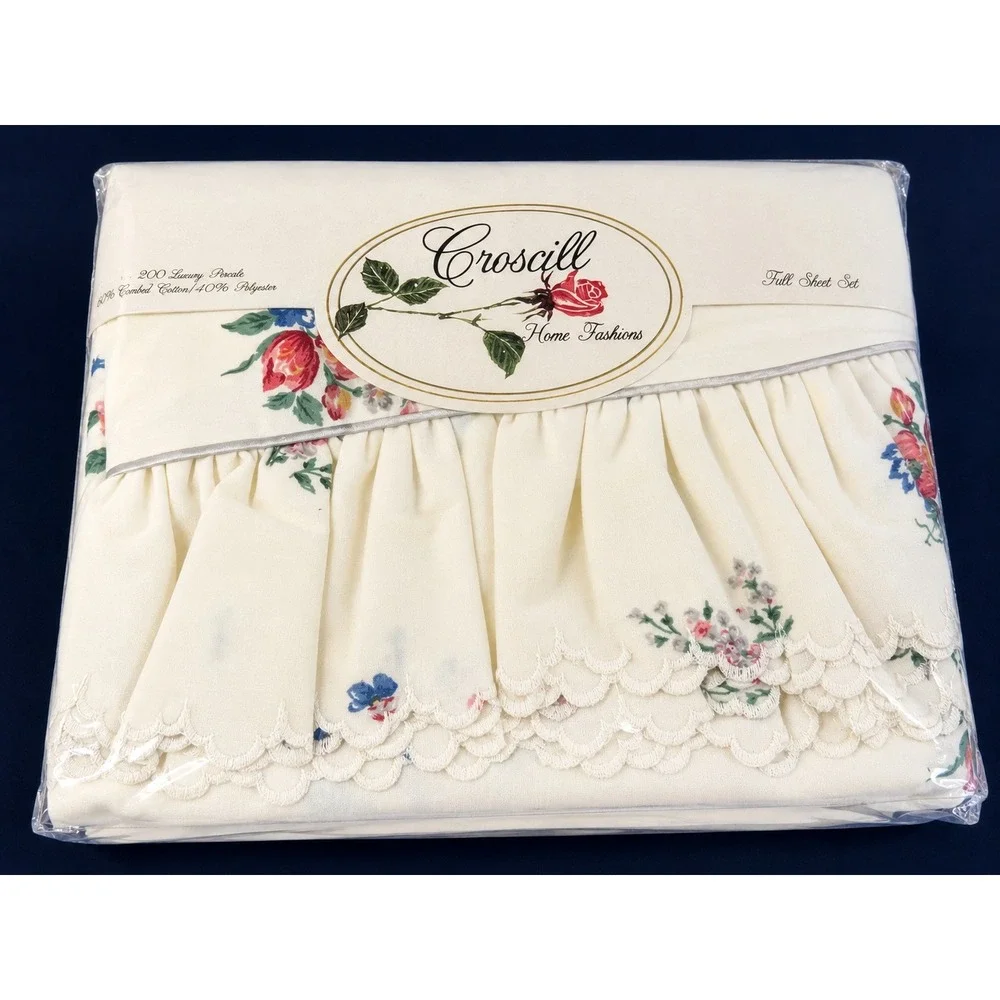 Vintage Croscill English Garden Full Sheet Set NOS Floral Ruffled Scalloped USA